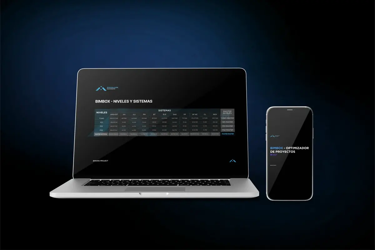 La matriz de niveles y sistemas de BIMGRID corriendo en laptop y mobile: organiza las 22 disciplinas coordinadas en cada proyecto BIMARG.
